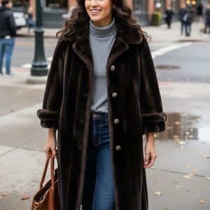 Rare Sterling Stall Luxury Faux Fur Long Coat Brown - Excellent Condition - Fits